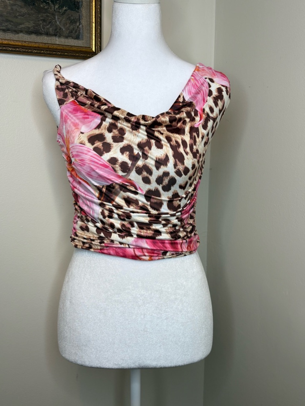 Fashion Nova Pink Floral & Leopard Cowl Neck Tank